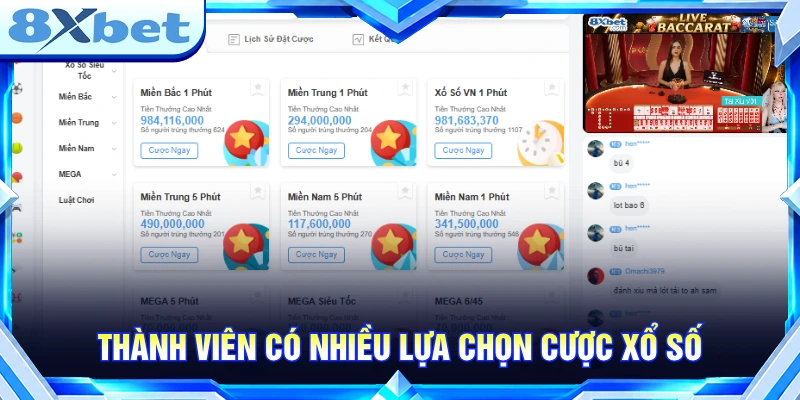 Thành viên có nhiều lựa chọn cược xổ số cùng 8X BET 